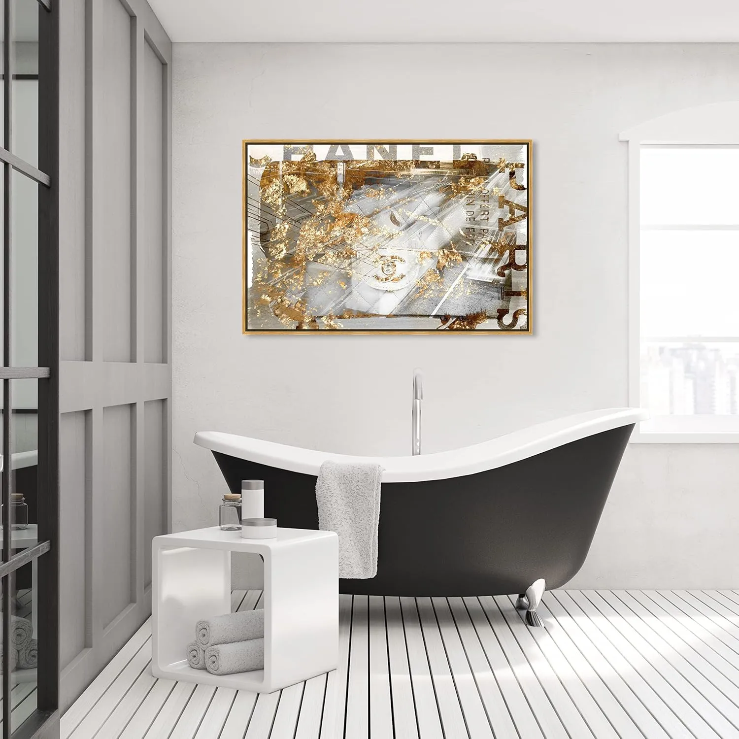 The Oliver Gal Artist Co. Fashion and Glam Framed Wall Art Canvas Prints 'No1 Bag' Handbags Home Décor, 45" x 30", Gold, White