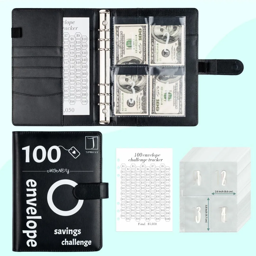 Tombell 100 Envelopes Challenge Binder, A5 Money Saving Planner Budget Binder with Cash Envelopes and Laminated Tracker, Saving Challenge Book and Budget Book to Save $5,050 in Easy and Fun Way
