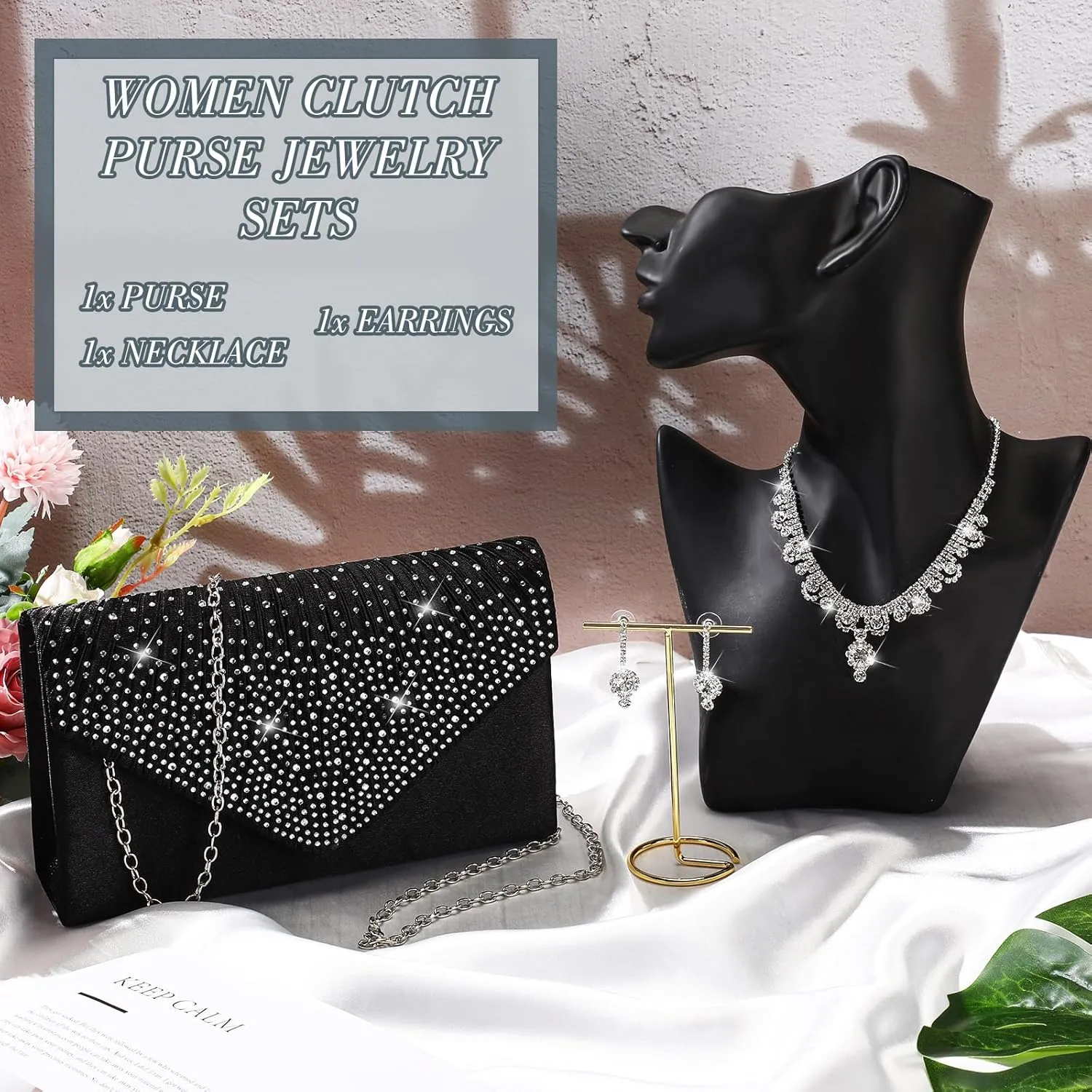 Tondiamo 3 Pcs Rhinestone Clutch Purse Jewelry Sets Wedding Women's Evening Formal Dressy Clutch Bag for Wedding Party