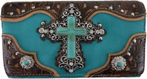Tooled Leather Laser Cut Cross Western Purse Single Shoulder Bag Clutch Women Blocking Wristlets Wallet