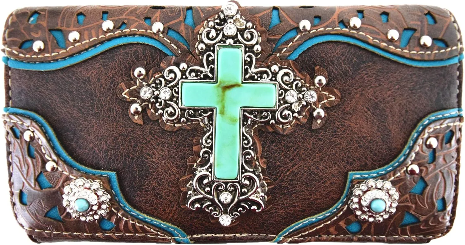 Tooled Leather Laser Cut Cross Western Purse Single Shoulder Bag Clutch Women Blocking Wristlets Wallet