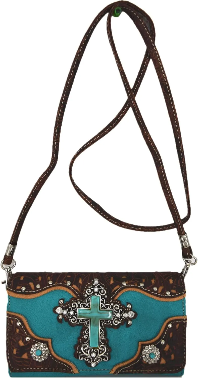 Tooled Leather Laser Cut Cross Western Purse Single Shoulder Bag Clutch Women Blocking Wristlets Wallet