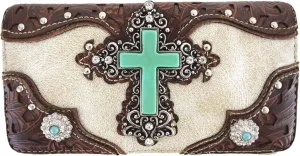 Tooled Leather Laser Cut Cross Western Purse Single Shoulder Bag Clutch Women Blocking Wristlets Wallet