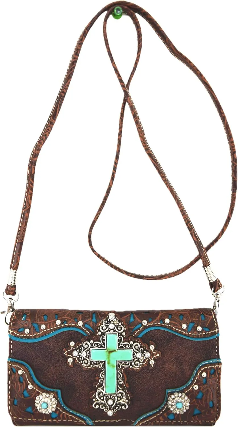 Tooled Leather Laser Cut Cross Western Purse Single Shoulder Bag Clutch Women Blocking Wristlets Wallet