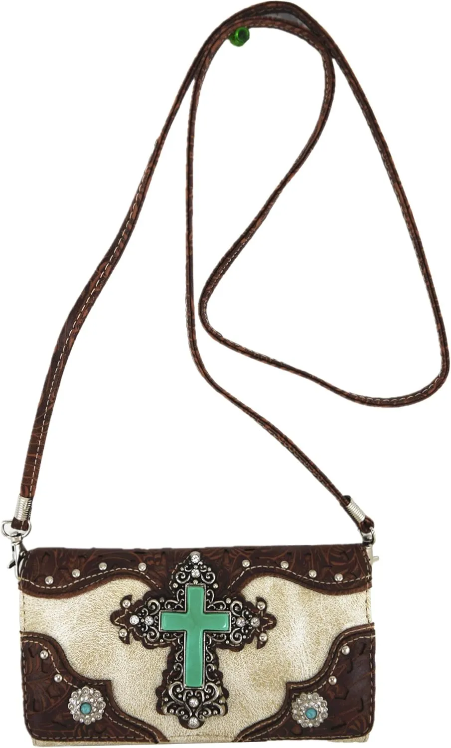 Tooled Leather Laser Cut Cross Western Purse Single Shoulder Bag Clutch Women Blocking Wristlets Wallet
