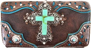 Tooled Leather Laser Cut Cross Western Purse Single Shoulder Bag Clutch Women Blocking Wristlets Wallet