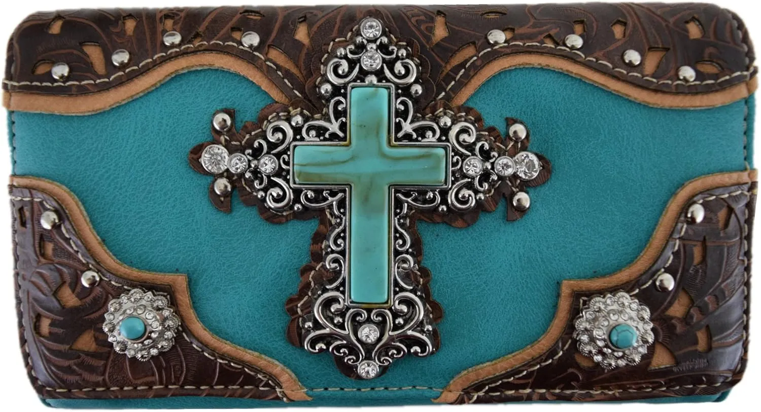 Tooled Leather Laser Cut Cross Western Purse Single Shoulder Bag Clutch Women Blocking Wristlets Wallet