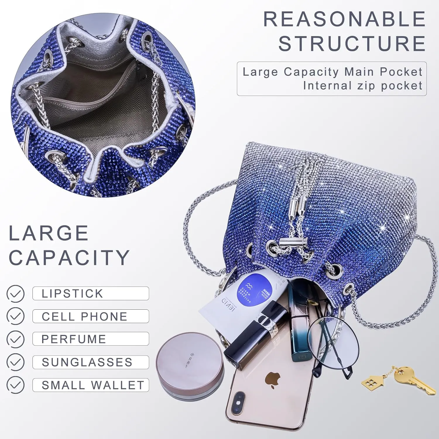 TOPALL Upgrade Rhinestone Evening Bag Bling Purse Sparkly Diamond Silver Clutch Purses for Women Party Club Wedding Prom