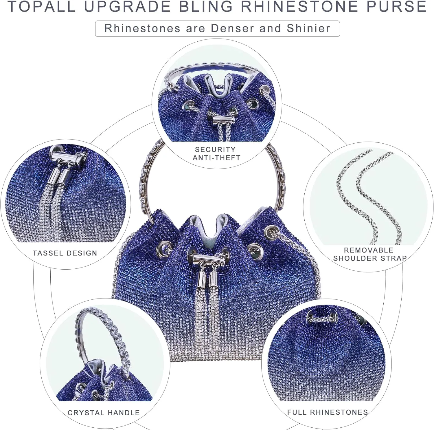 TOPALL Upgrade Rhinestone Evening Bag Bling Purse Sparkly Diamond Silver Clutch Purses for Women Party Club Wedding Prom