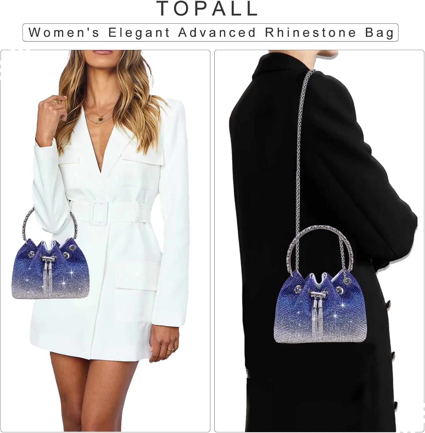 TOPALL Upgrade Rhinestone Evening Bag Bling Purse Sparkly Diamond Silver Clutch Purses for Women Party Club Wedding Prom