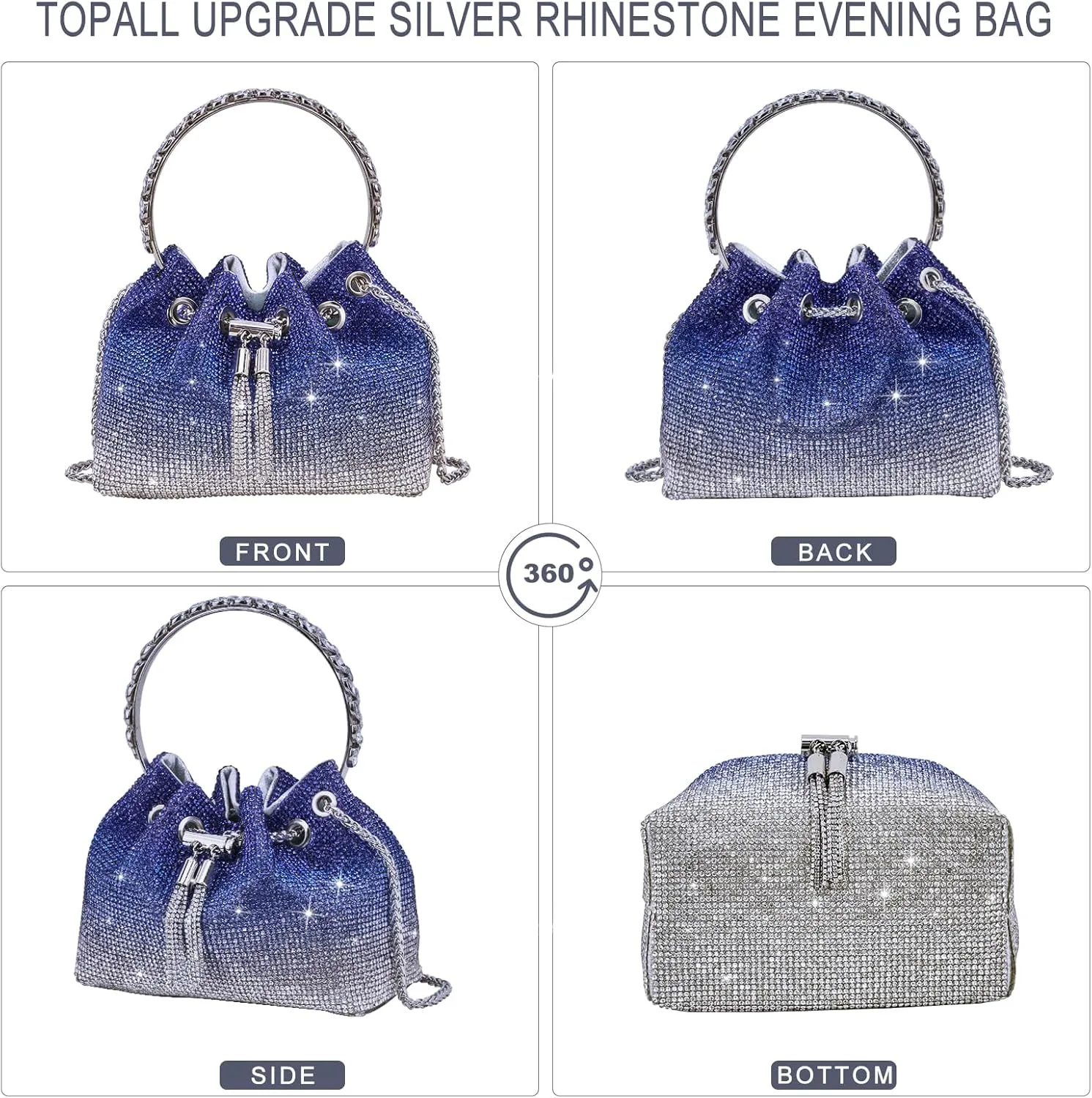 TOPALL Upgrade Rhinestone Evening Bag Bling Purse Sparkly Diamond Silver Clutch Purses for Women Party Club Wedding Prom