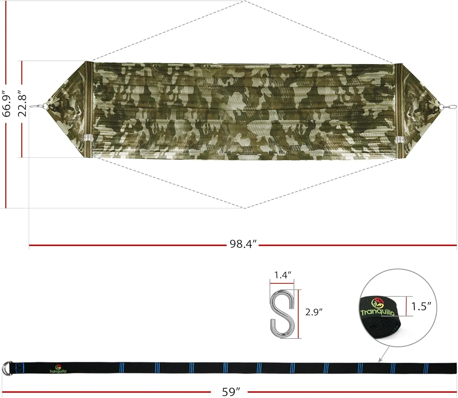 Tranquillo Hanging Hammock Chair, Patio Swing Chair, Outdoor Swing Chair with Headrest, Armrest, Cup Holders, Porch Swings Outdoor and Hammock Tree Straps, Moss Green (Camo)