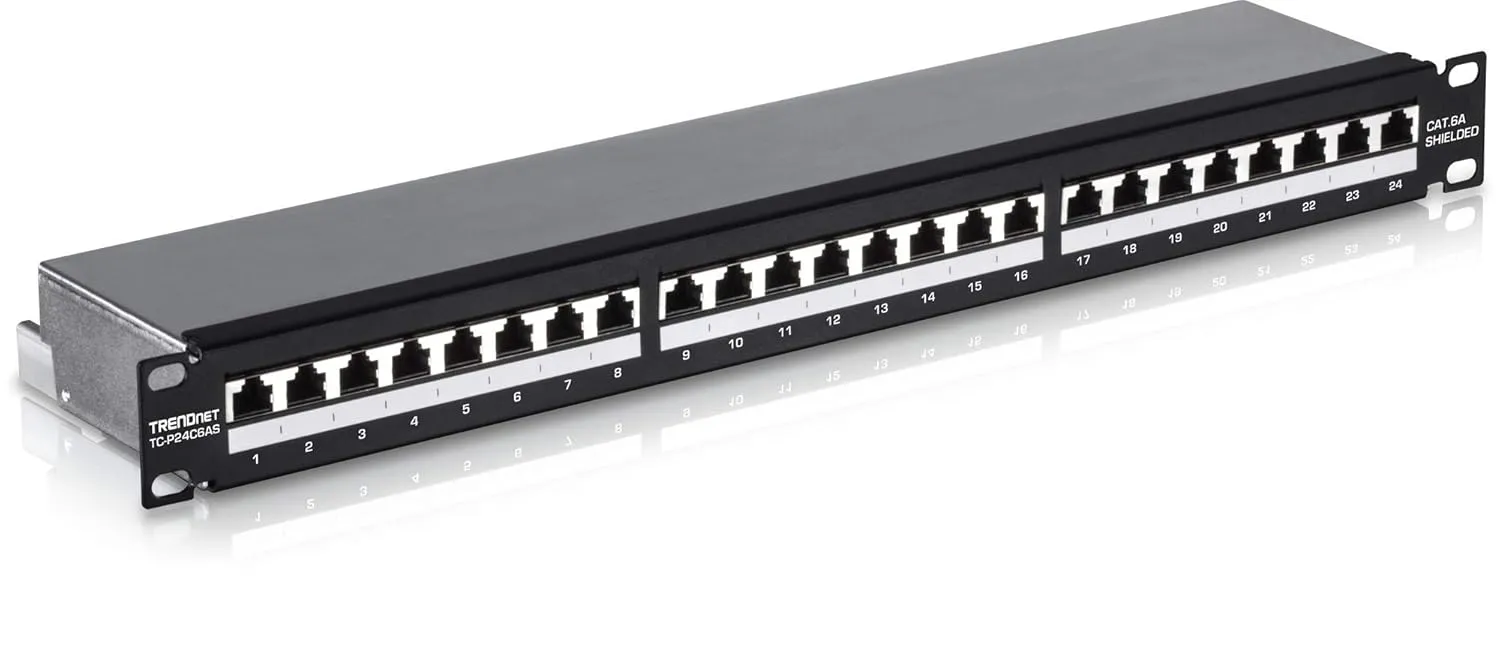 TRENDnet 24-Port Cat6A Shielded Patch Panel, 1U 19" Metal Housing, 10G Ready, Cat5e,Cat6,Cat6A Compatible, Cable Management, Color-Coded Labeling for T568A and T568B Wiring, Black, TC-P24C6AS
