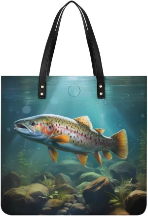 Trout Tote Bag for Women PU Leather Purses Handbags Shoulder Bag for Top Handle