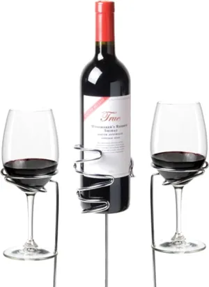 True Stix Chrome Outdoor Drink Holder Stakes Fits 2 Wine Glasses and 1 Bottle, Yard Cups, Beach and Picnic Essentials, Set of 3