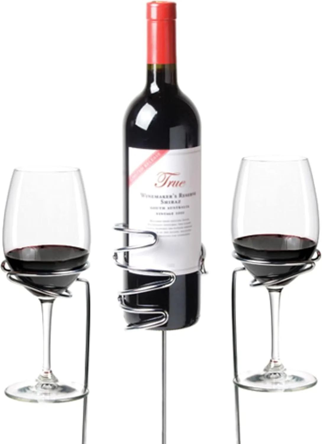 True Stix Chrome Outdoor Drink Holder Stakes Fits 2 Wine Glasses and 1 Bottle, Yard Cups, Beach and Picnic Essentials, Set of 3