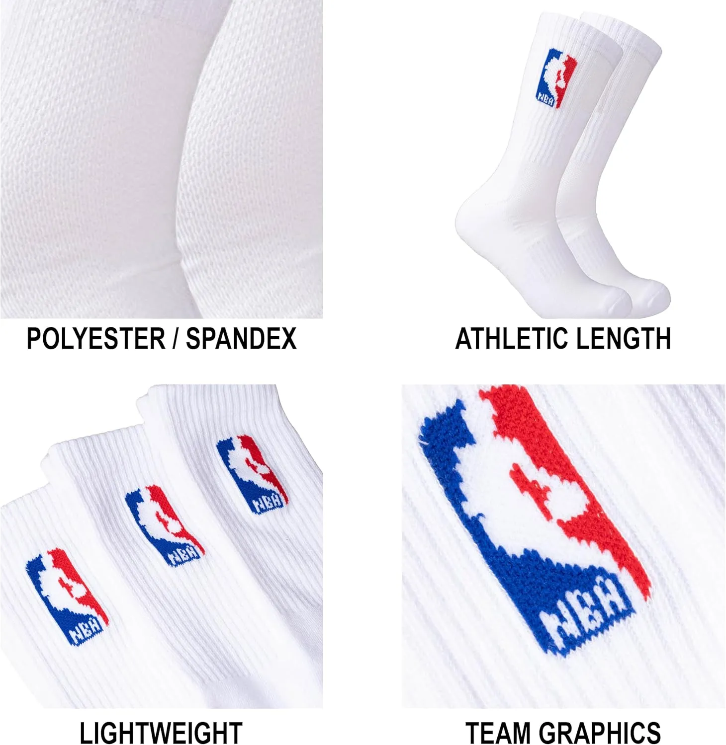 Ultra Game Men's NBA Official Athletic Cushioned Secure Fit Crew Socks-6 Pack