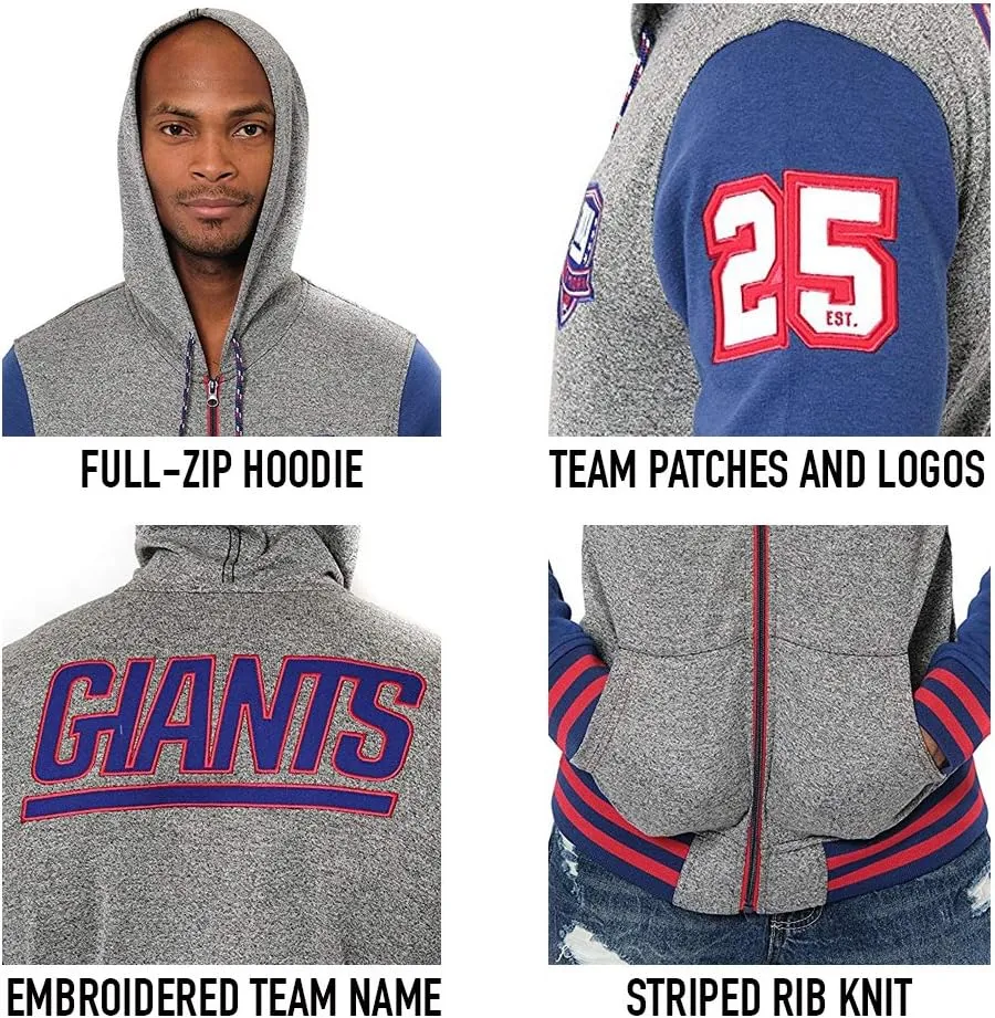 Ultra Game NFL Men's Super Soft Supreme Full Zip Varsity Hoodie Sweatshirt Jacket