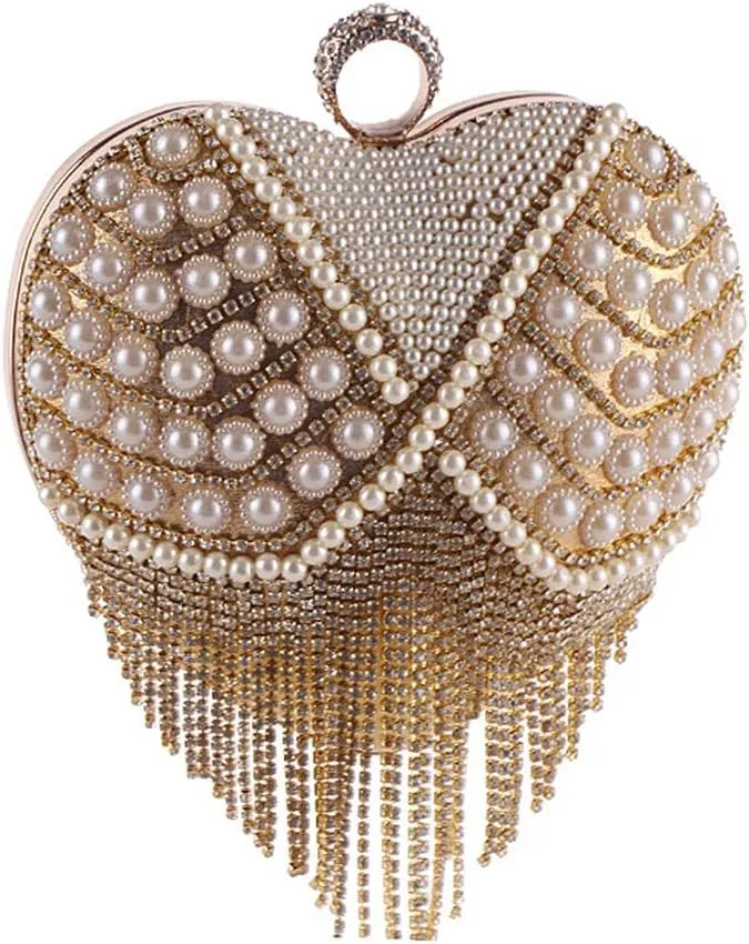 UMREN Women Luxury Heart Shape Tassel Evening Clutch Bag Rhinestones Wedding Party Purse Handbag