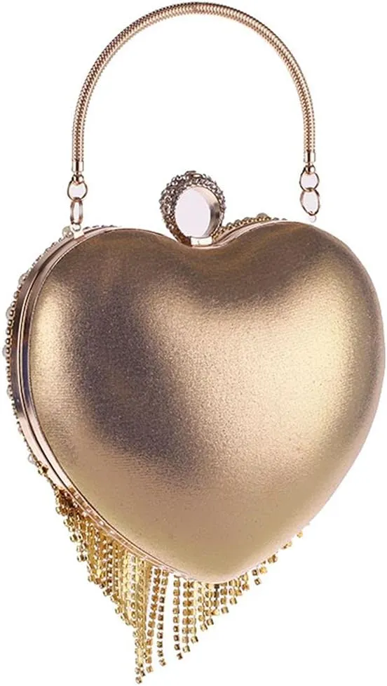 UMREN Women Luxury Heart Shape Tassel Evening Clutch Bag Rhinestones Wedding Party Purse Handbag