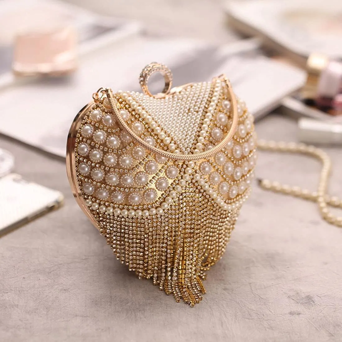 UMREN Women Luxury Heart Shape Tassel Evening Clutch Bag Rhinestones Wedding Party Purse Handbag