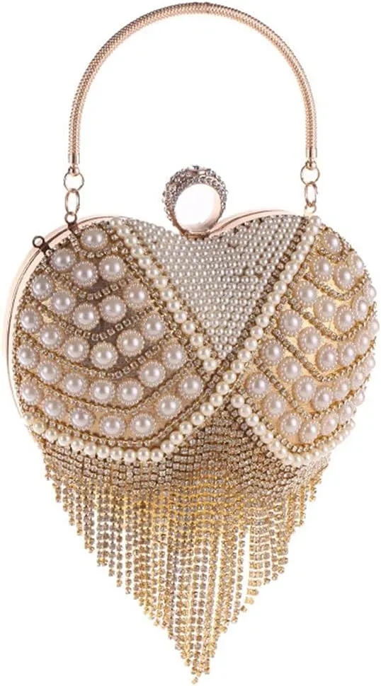 UMREN Women Luxury Heart Shape Tassel Evening Clutch Bag Rhinestones Wedding Party Purse Handbag