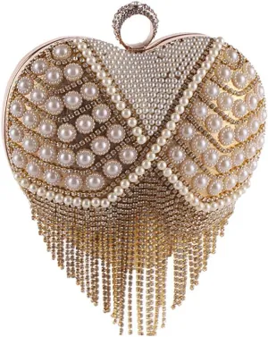 UMREN Women Luxury Heart Shape Tassel Evening Clutch Bag Rhinestones Wedding Party Purse Handbag