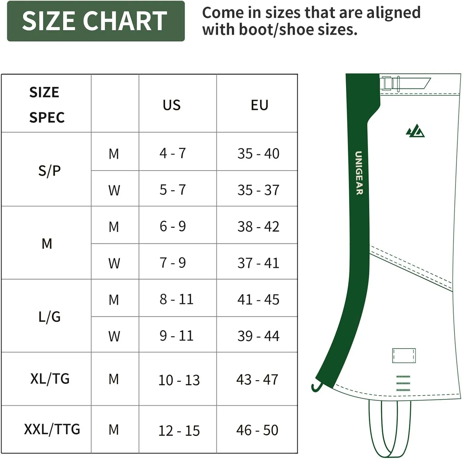 Unigear Leg Gaiters, 1000D Fabric Waterproof Boot Gaiters for Hiking Walking Climbing Hunting Skiing