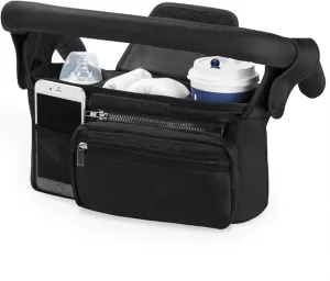 Universal Stroller Organizer with Insulated Cup Holder, Detachable Phone Bag and Shoulder Strap, Cozy Nest Stroller Caddy Organizer Fits for All Stroller Types (Black)