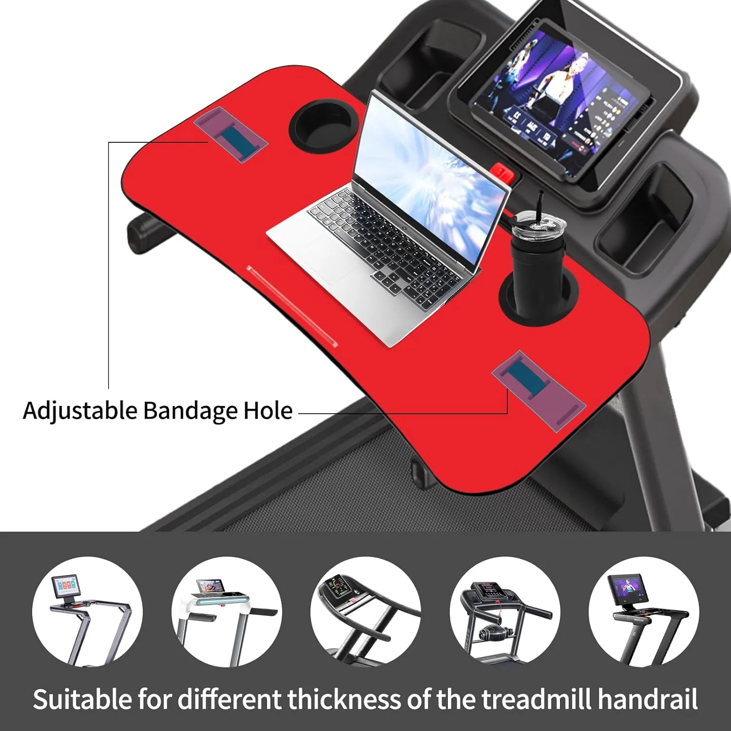 Universal Treadmill Desk Attachment Laptop Holder Ergonomic Platform Tray with Cup Tablet Holder Cooling Holes Provide Good Ventilation, Laptop Stand for Treadmill (Red)