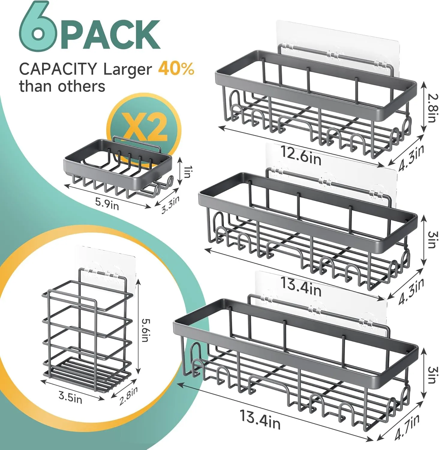Veken 6-Pack Rustproof & Waterproof Shower Caddy, Adhesive Shelves Rack with Soap Holder, Large Capacity Bathroom, College Dorm & Apartment Organizers, No-Drill Wall Mount Living Room & Bedroom Decor