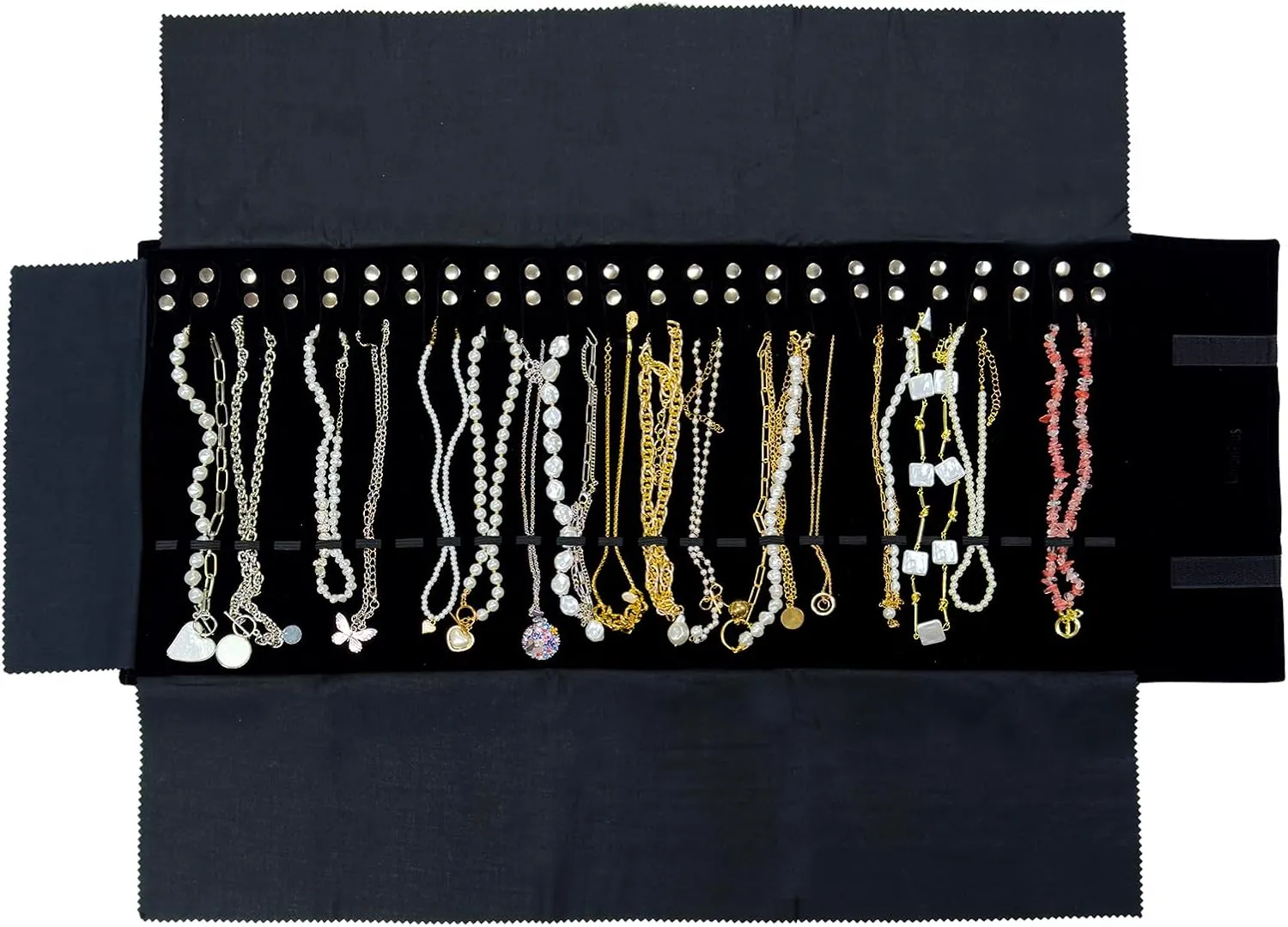 Velvet Travel Jewelry Roll Bag Organizer for Necklace, Elastic Band and Anti-winding, Large, Black