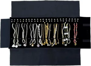 Velvet Travel Jewelry Roll Bag Organizer for Necklace, Elastic Band and Anti-winding, Large, Black