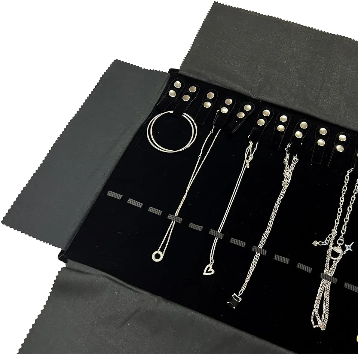 Velvet Travel Jewelry Roll Bag Organizer for Necklace, Elastic Band and Anti-winding, Large, Black