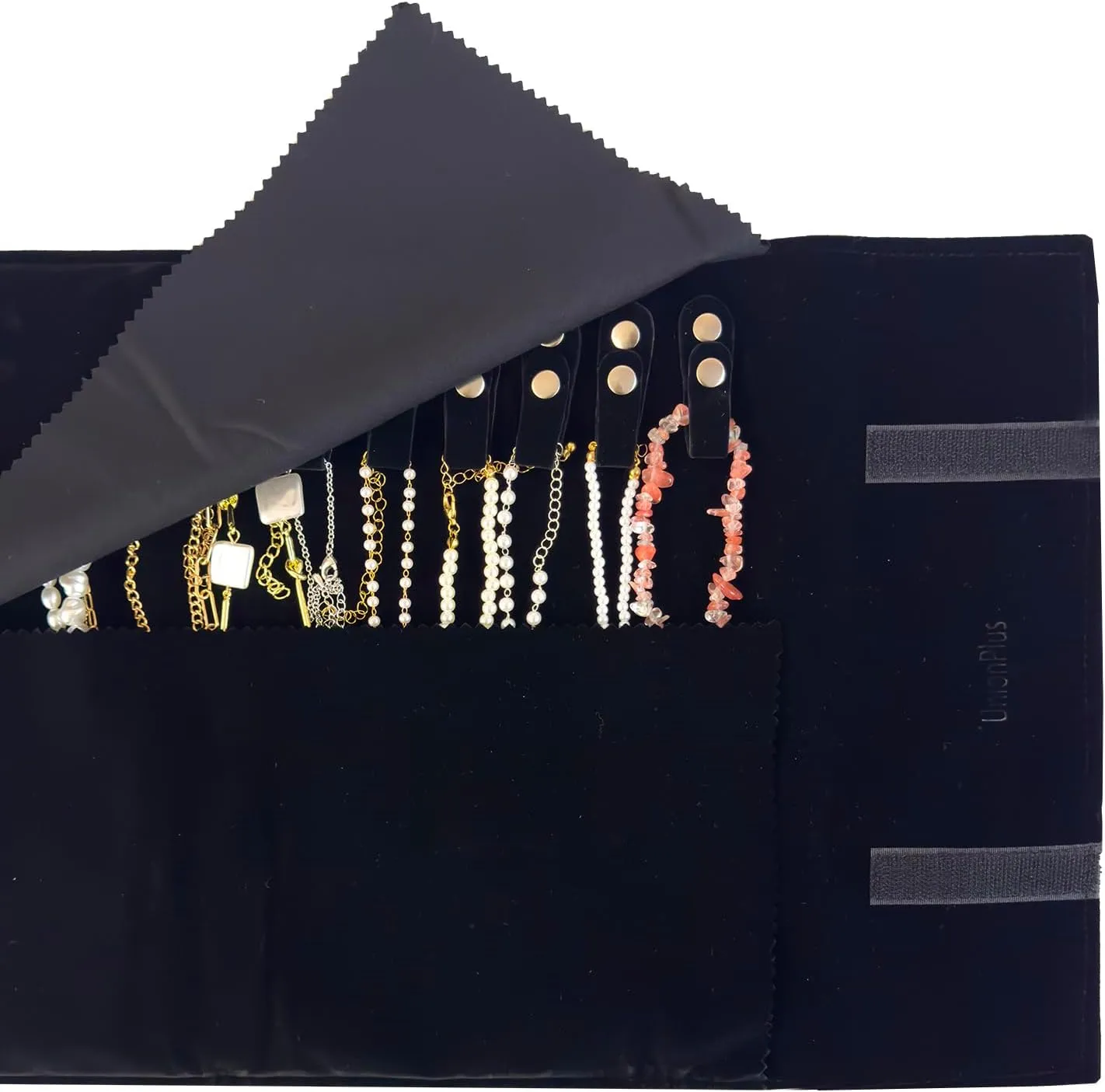 Velvet Travel Jewelry Roll Bag Organizer for Necklace, Elastic Band and Anti-winding, Large, Black