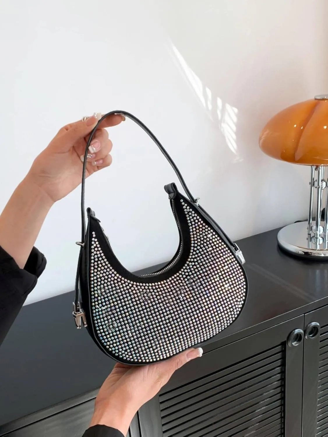 Verdusa Women's Rhinestone Hobo Shoulder Bag Leather Clutch Handbag Purses