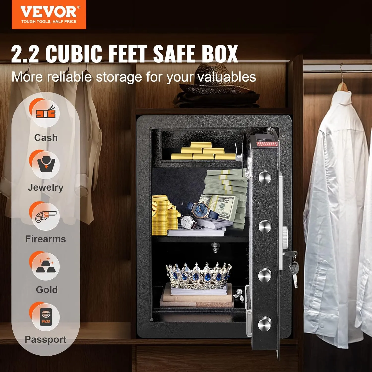 VEVOR Safe Box with Digital Keypad and 2 Keys, 2.2 Cubic Feet Home Safe, Steel Security Safe, Cabinet Safe with Fire-proof Bag, Protect Cash, Gold, Jewelry, for Home, Hotel,15.8"Wx13"Dx23.6"H