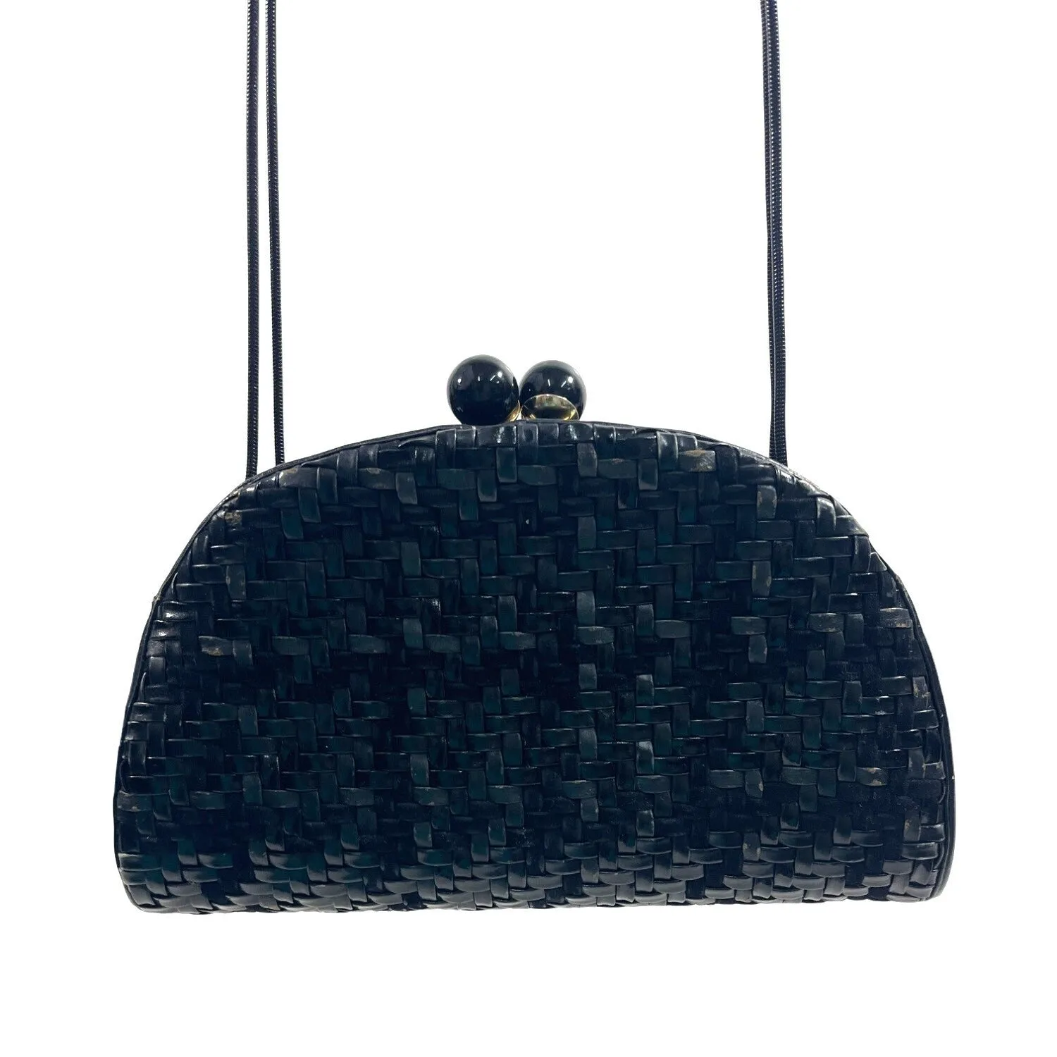 Vintage Judith Leiber Women's Black Satin Leather Straw Clutch Sz S