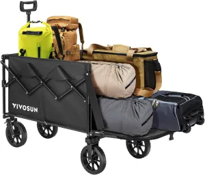VIVOSUN Collapsible Wagon with Tailgate, 320lb Load-Bearing Outdoor Utility with All-Terrain Wheels, Adjustable Handle, Cup Holders for Camping, Shopping, Garden, Sports, Picnic, Black