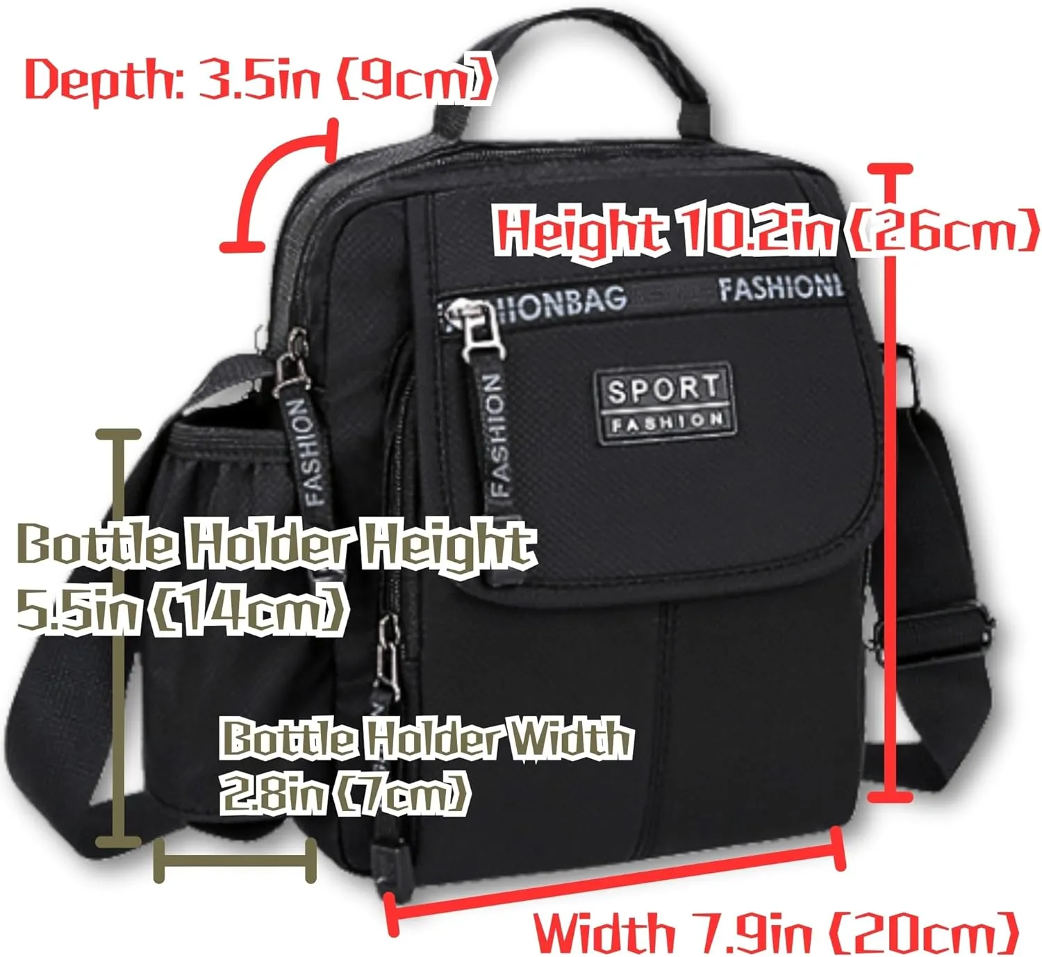 Water Repellent Crossbody Sling Messenger Bags Water Bottle Holder Key Ring Strap, Lightweight Business Shoulder Bags
