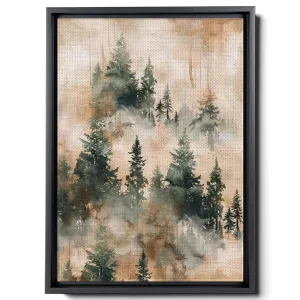 Watercolor Forest Trees Illustration, In The Style Of Use Of Earth Tones, Dark Emerald And Light Brown, Recycled Material Murals, Color Gradients, Decor Canvas