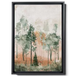 Watercolor Tree Forest, In The Style Of Light Emerald And Light Brown, Organic Material, Cute And Dreamy, Symmetrical Arrangements, Outdoor Scenes, Decor Canvas