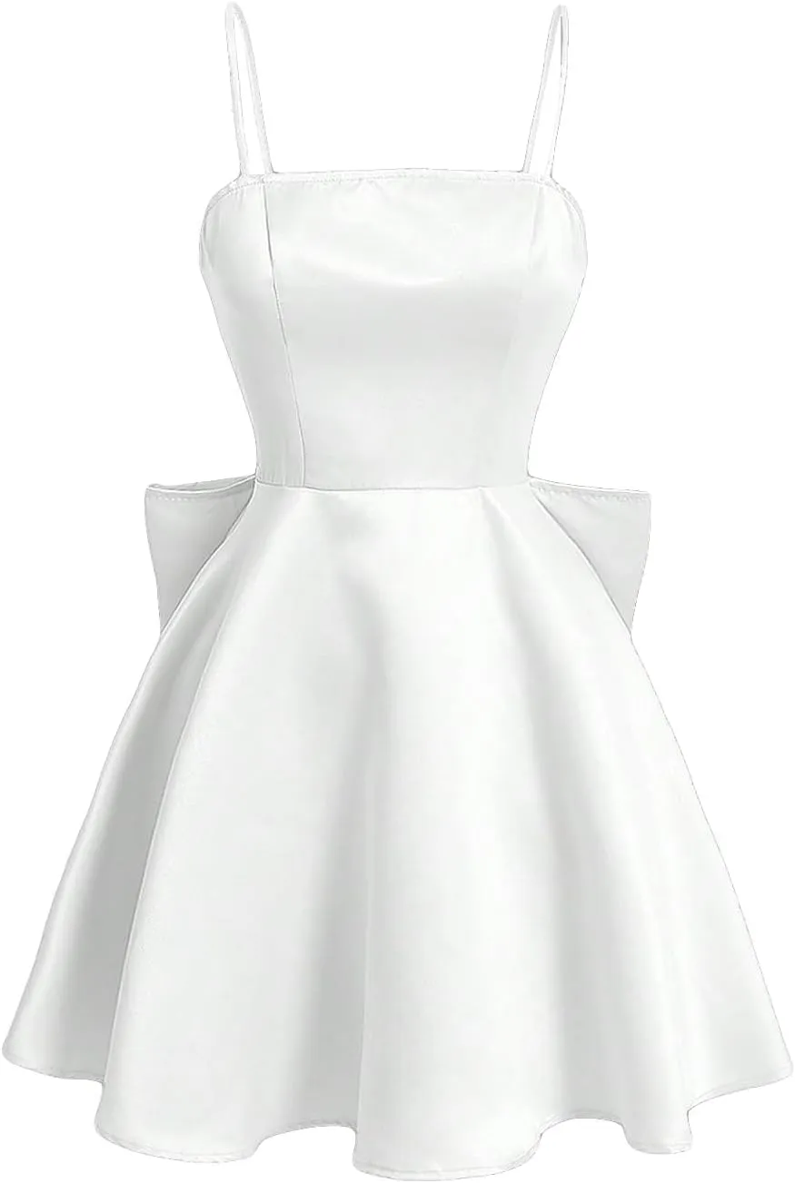 WDIRARA Women's Satin Bow Homecoming Dresses Spaghetti Strap Wedding Guest Gown Summer Mini Dress