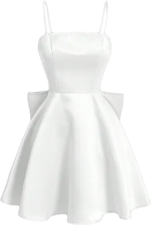 WDIRARA Women's Satin Bow Homecoming Dresses Spaghetti Strap Wedding Guest Gown Summer Mini Dress