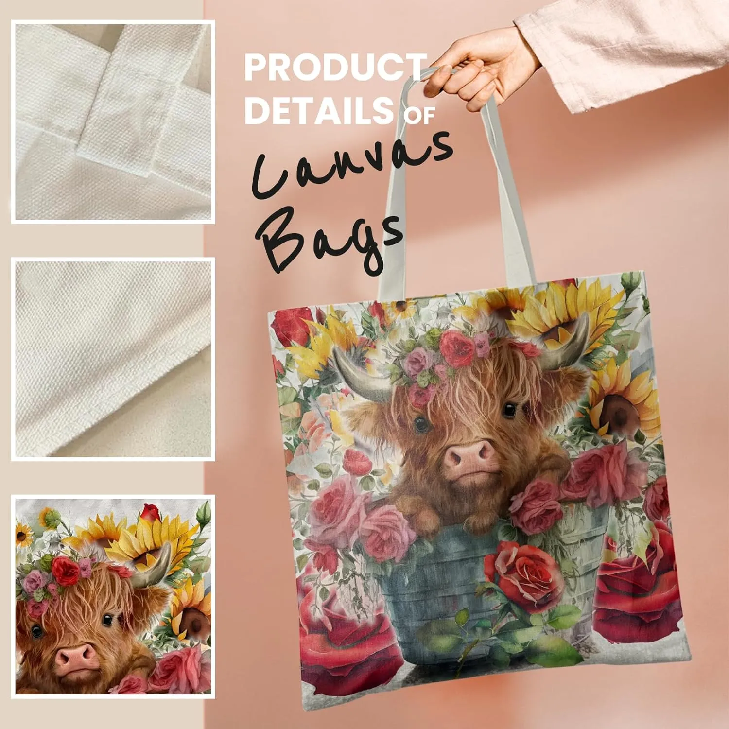 Western Highland Cow Canvas Shoulder Bag for Women & Girls, Highland Cow Lover Gift