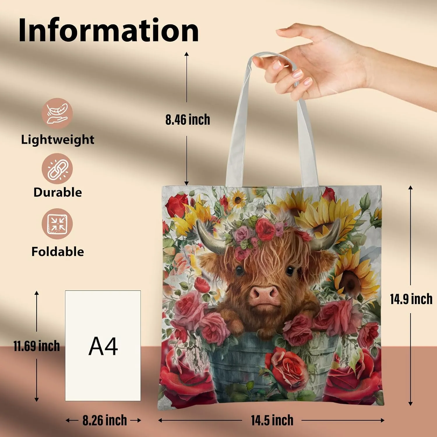 Western Highland Cow Canvas Shoulder Bag for Women & Girls, Highland Cow Lover Gift