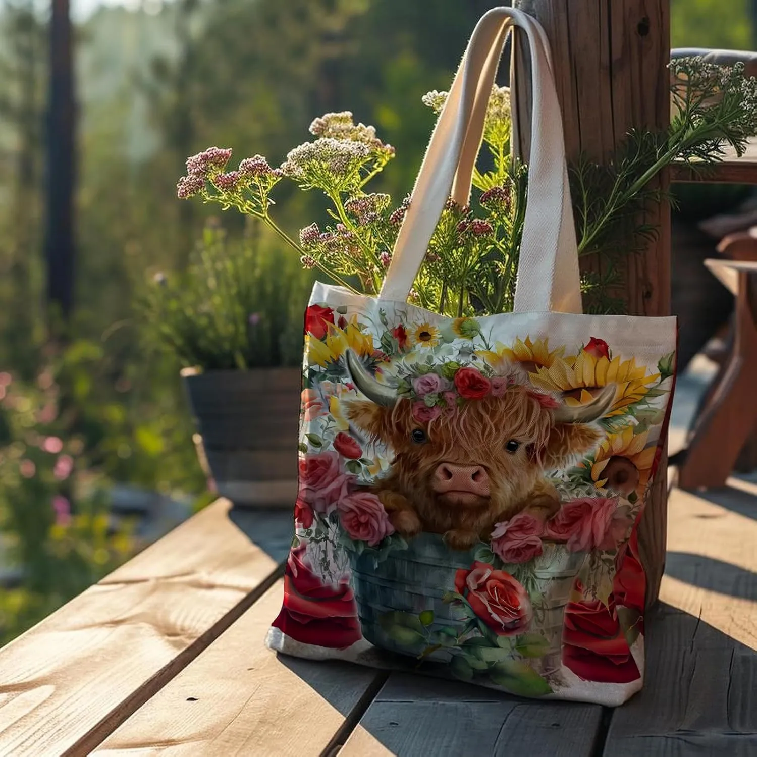 Western Highland Cow Canvas Shoulder Bag for Women & Girls, Highland Cow Lover Gift