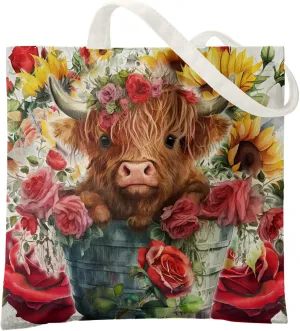 Western Highland Cow Canvas Shoulder Bag for Women & Girls, Highland Cow Lover Gift