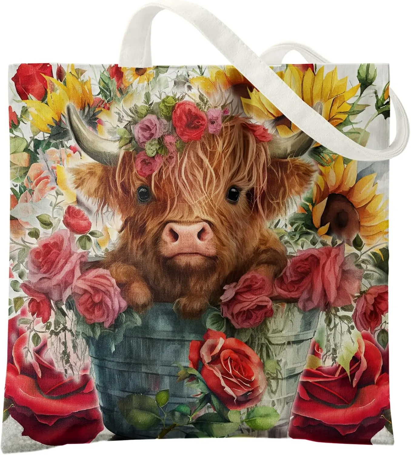 Western Highland Cow Canvas Shoulder Bag for Women & Girls, Highland Cow Lover Gift