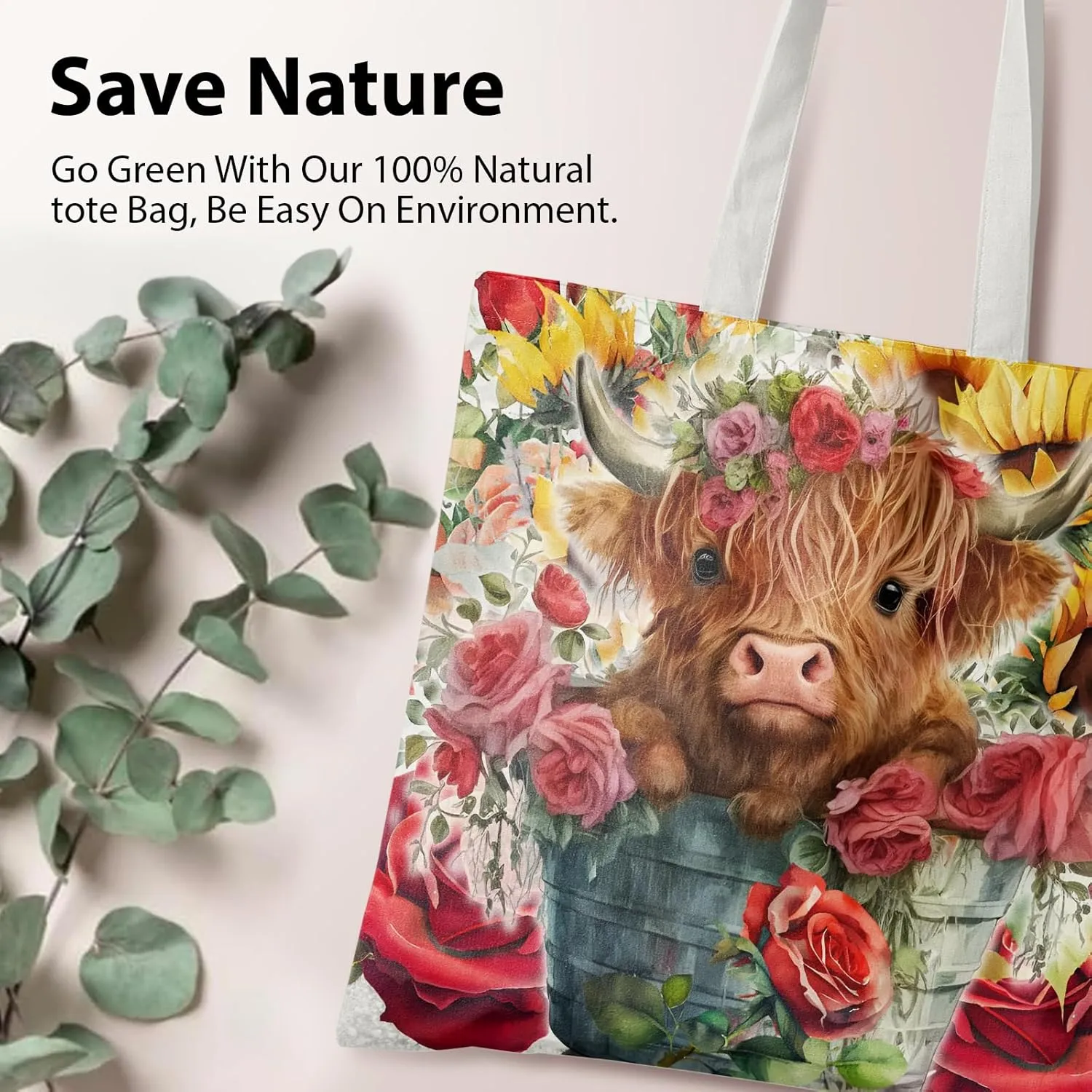 Western Highland Cow Canvas Shoulder Bag for Women & Girls, Highland Cow Lover Gift